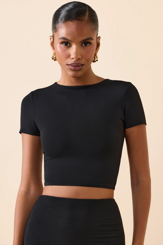 Modal Cap-Sleeve Crop Top in Black - Size:L